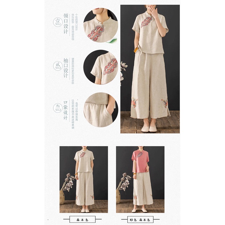 Set Áo Quần cotton Lanh Ống Rộng Thêu Họa Tiết Dân Tộc Thời Trang Mùa Hè 2022 Dành Cho Nữ