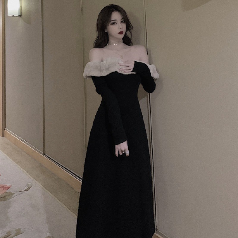 🌸Xả Có Hạn🌸Váy Trễ Vai Phối Lông Sexy Thanh Lịch 🌸Hàng Quảng Châu