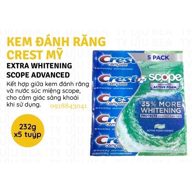 Kem đánh răng CREST COMPLETE  EXTRA WHITENING SCOPE 232g Mỹ