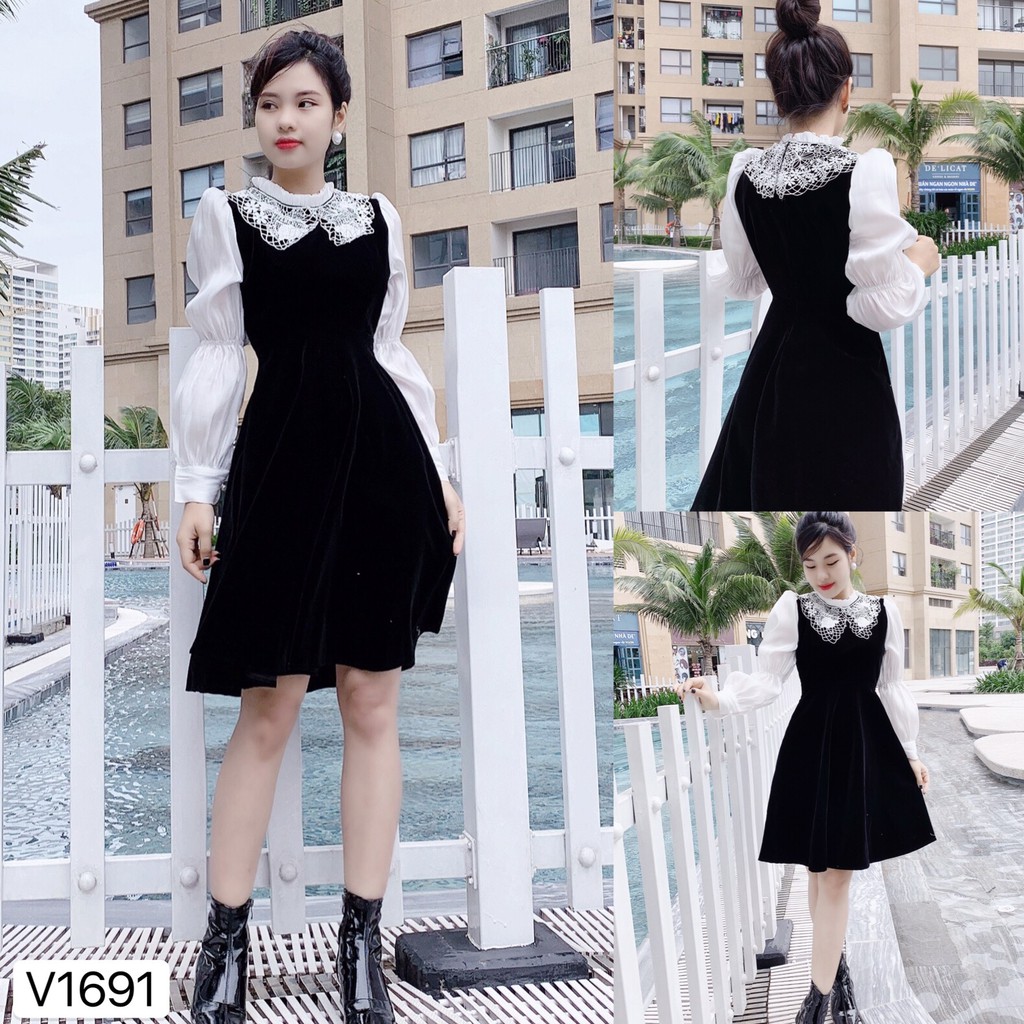 Váy xòe tay phối cổ ren V1691  - Đẹp Shop DVC (Kèm ảnh thật trải sàn do shop tự chụp)