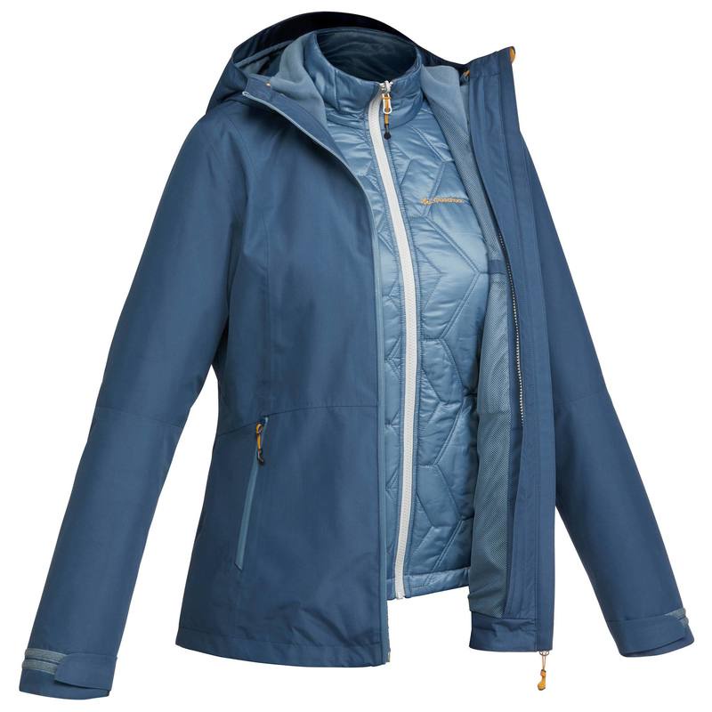 Á́o khoác leo núi trekking 3 trong 1 rainwarm Decathlon Forclaz 500 cho nữ - xanh dương