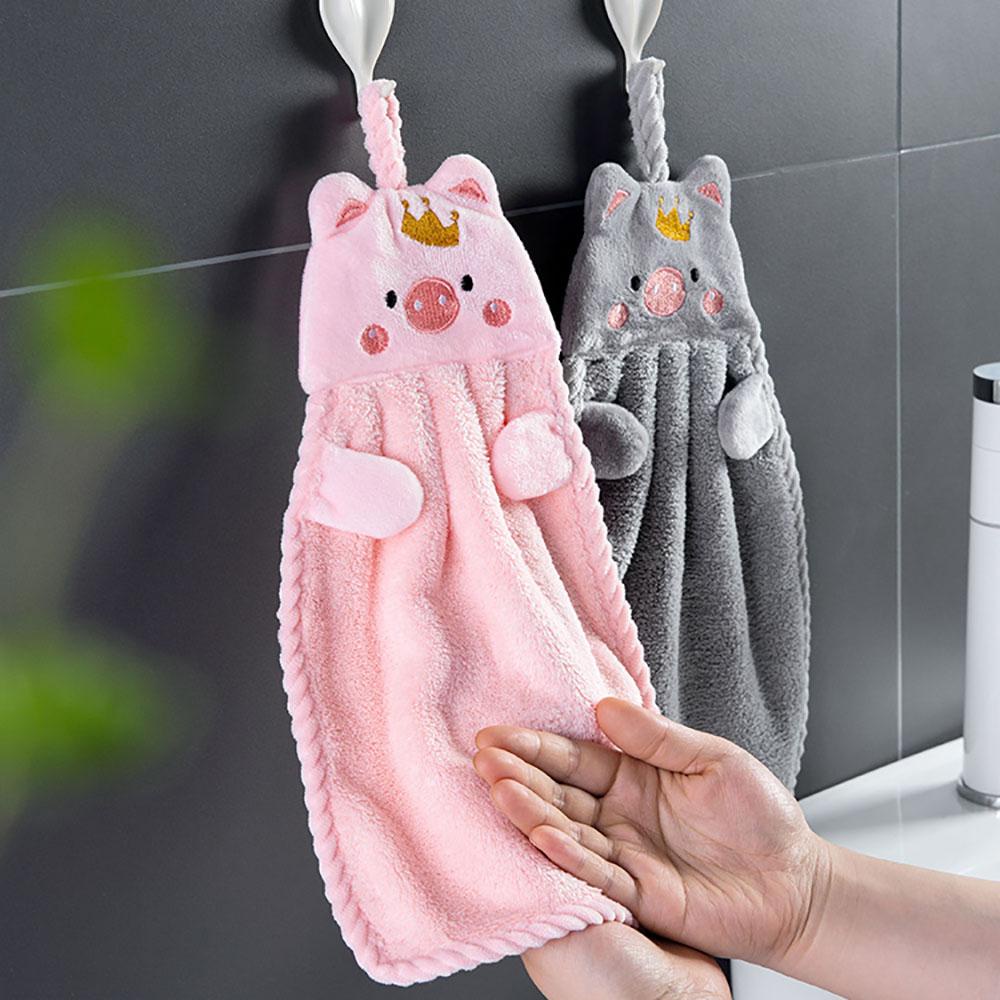 Khăn Lau Tay Treo Tường Bằng Vải Bông Khô Nhanh Thêu Hình Heo Hoạt Hình Cho Trẻ Em
