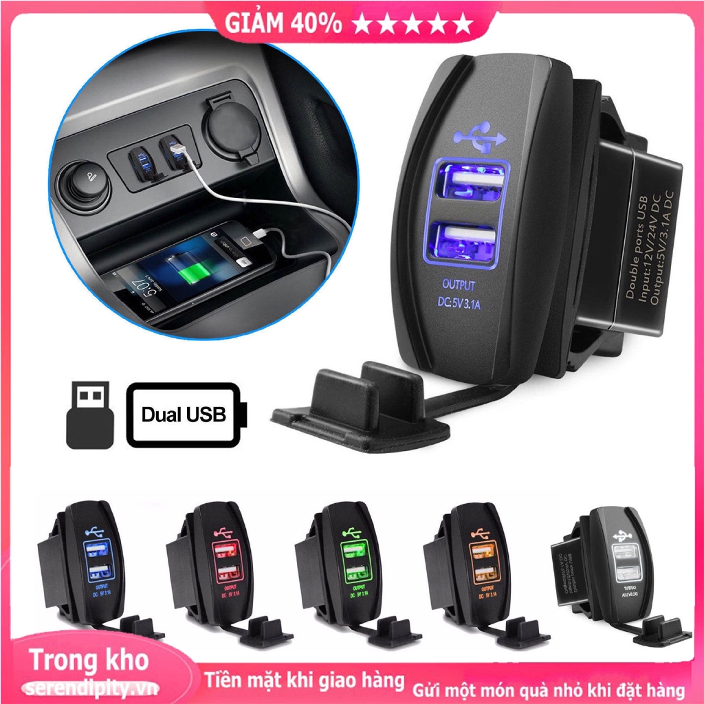 Củ sạc chống nước 3.1A trên xe máy có đèn LED