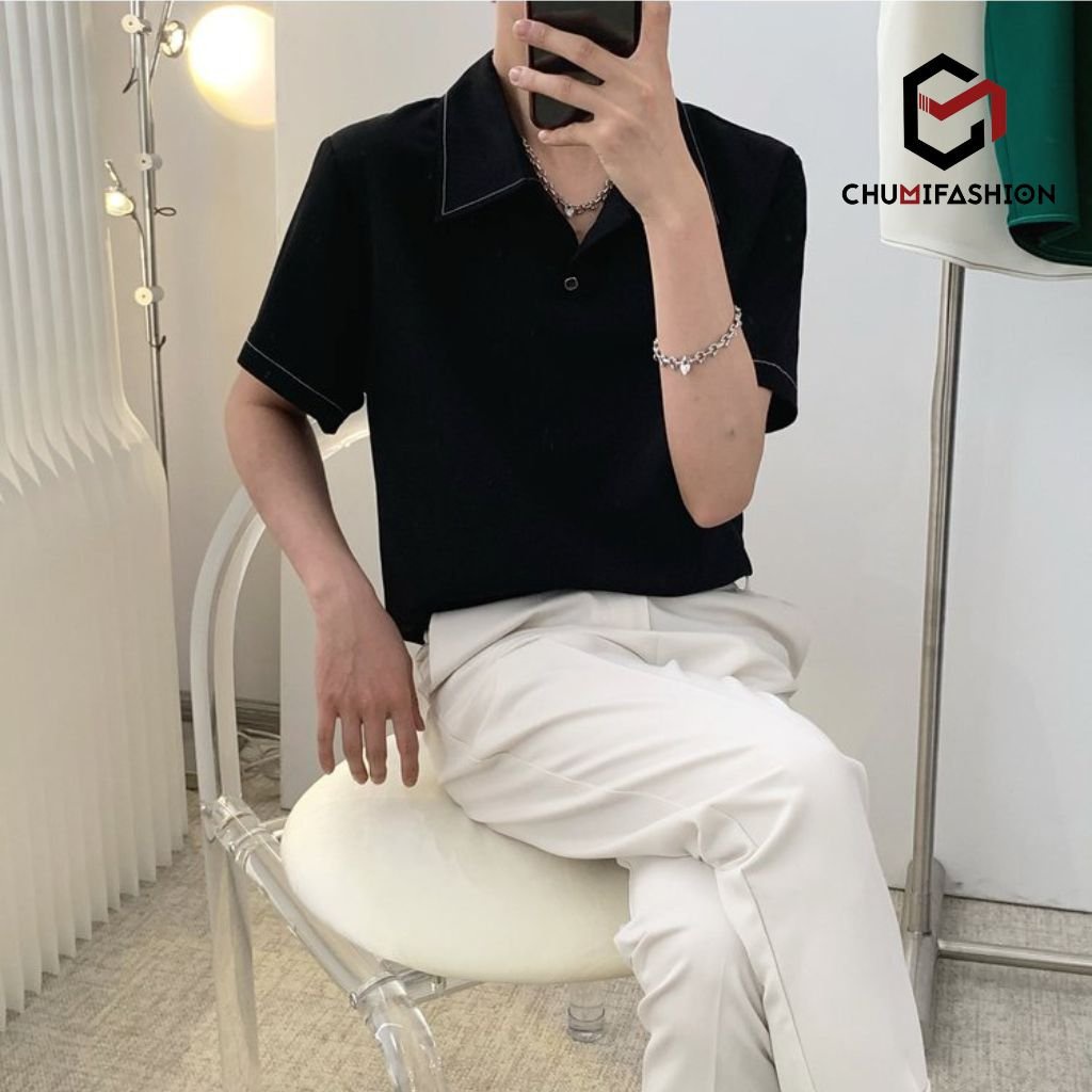 Áo thun polo nam cổ bẻ CHUMI vải cotton may chỉ nổi form rộng dáng suông hottren hàn quốc 2022 at 316