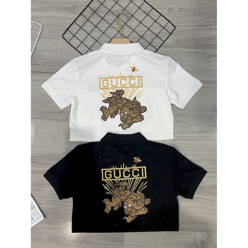 Áo thun nam polo ngắn tay cổ trụ đính đá kim sa thêu KÌ LÂN, Áo cotton 100% cao cấp