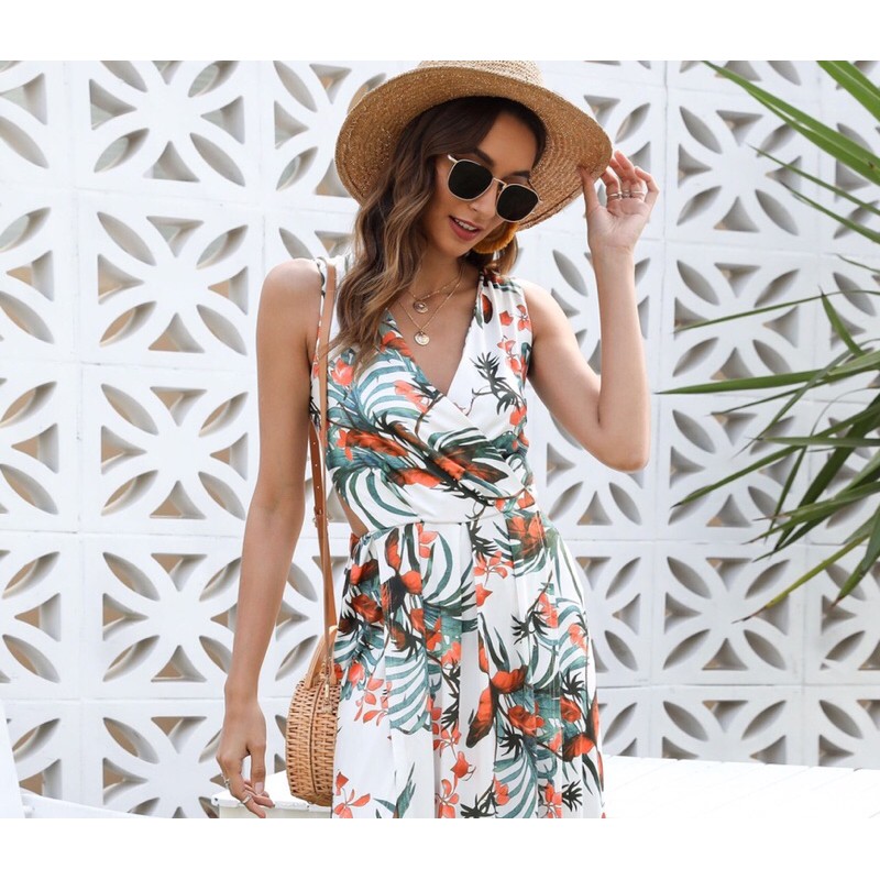 Đầm Mãi Lanh Hoa Cổ V Vai Rút Nơ Nhún Chân Ngực Duyên Dáng Free Size Dưới 60kg - Hàng Xưởng Việt Nam - Lucky Girl shop
