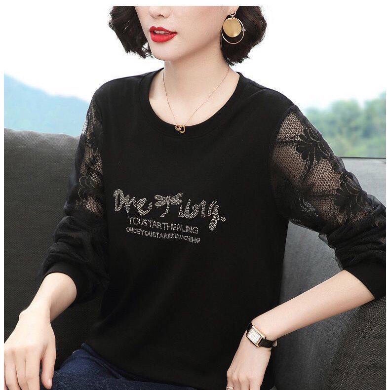 Áo thun tay dài phối ren thời trang xuân thu cho phụ nữ trung niên