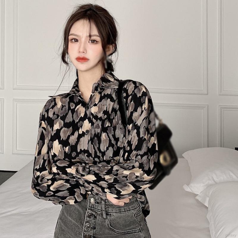 Áo sơ mi tay dài dáng rộng in họa tiết phong cách Hàn Quốc thời trang cho nữ