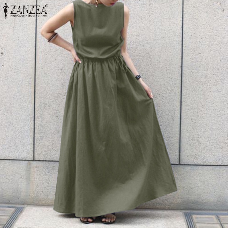 Đầm dài Zanzea dáng chữ A không tay cổ tròn thời trang Hàn Quốc dành cho nữ