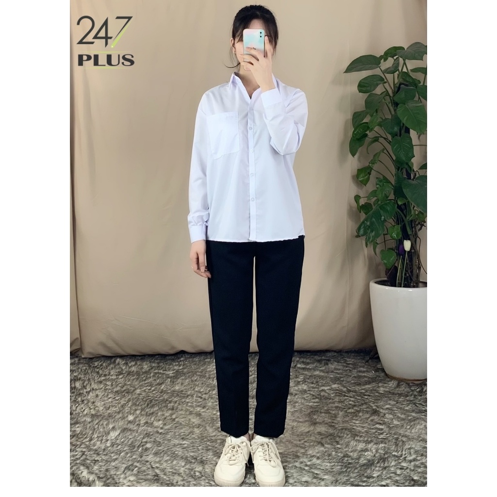 Áo Sơ Mi Dài Tay Màu Trắng Xanh Học Sinh form rộng, vải lụa thô mềm nhẹ, KHÔNG LỘ