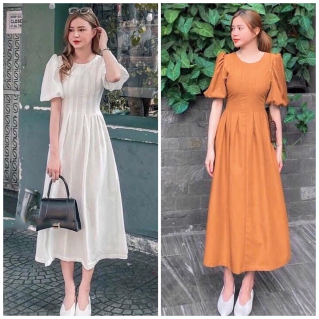 [Mã FATHANG5 giảm 10K đơn 50K] Đầm cổ tròn xếp li eo 2 màu (kèm hình thật) | BigBuy360 - bigbuy360.vn