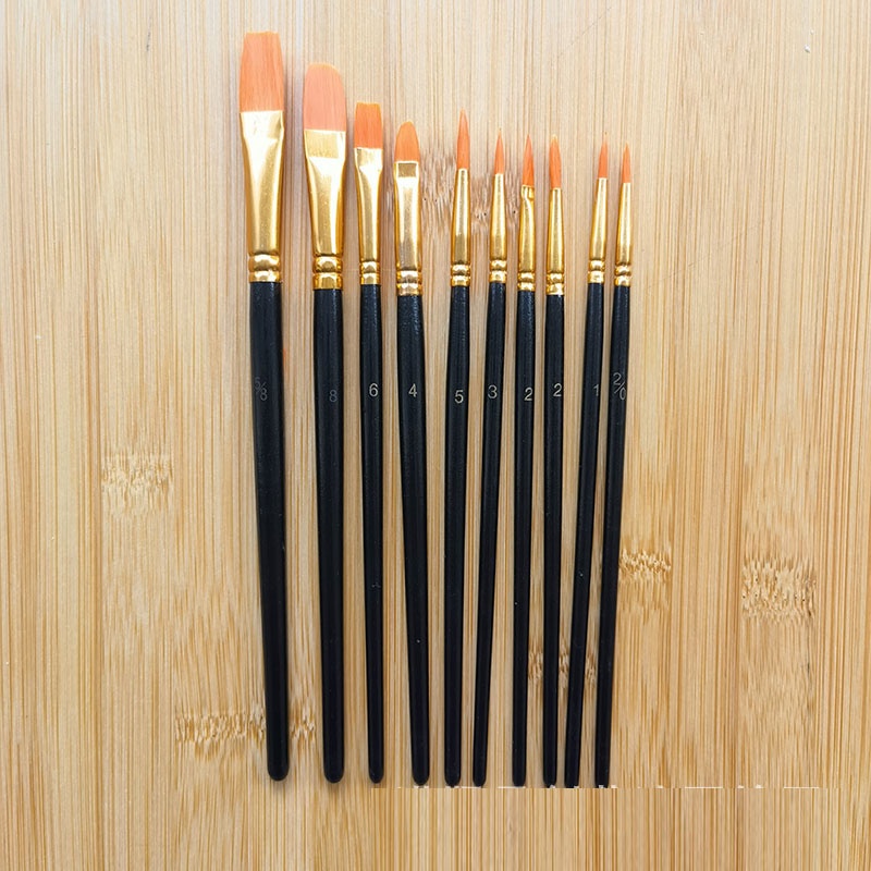 Set 10 Cọ Vẽ Màu Nước Tay Cầm Bằng Gỗ Lông Nylon DIY