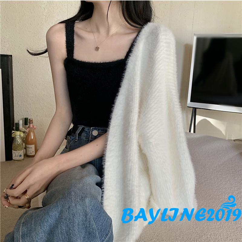 Áo Croptop Hai Dây Dệt Kim Mềm Màu Trơn Trẻ Trung Cho Nữ