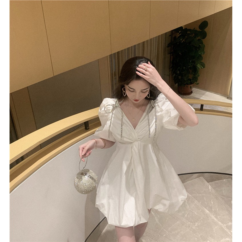 Đầm ulzzang babydoll tay phồng có nơ size S M