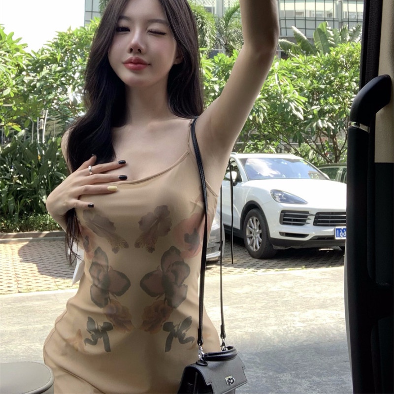 Đầm maxi Hai Dây Phối Lưới In Họa Tiết Thời Trang Xinh Xắn Cho Nữ