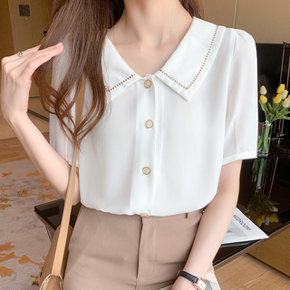 Áo sơ mi chiffon tay ngắn cổ peter pan màu trơn thời trang mùa hè cho nữ