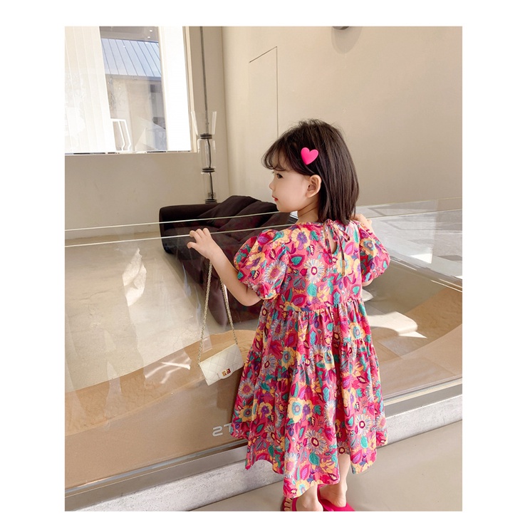 Váy babydoll bé gái họa tiết hoa to tay bồng cực dễ thương