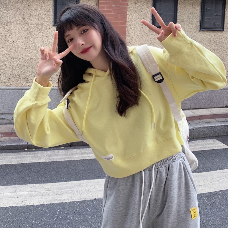 Xiaozhainv Áo hoodie dáng ngắn tay dài màu trơn thoải mái thời trang cho nữ | BigBuy360 - bigbuy360.vn