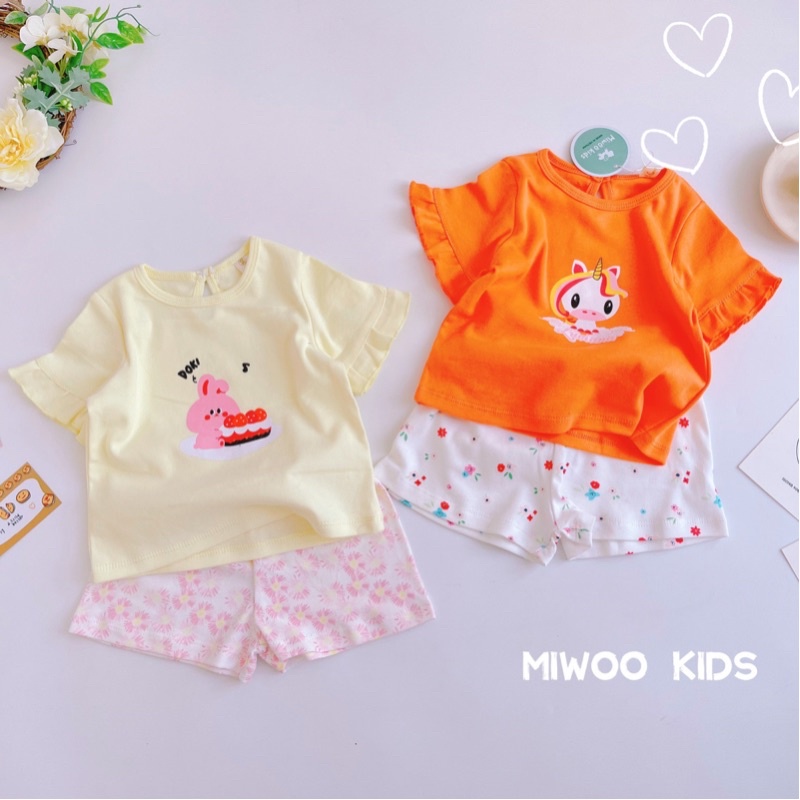 Đồ bộ bé gái, bộ cộc tay trẻ em chất vải mềm mát phối màu họa tiết đáng yêu Xu Xu Kids size từ 8 đến 20kg