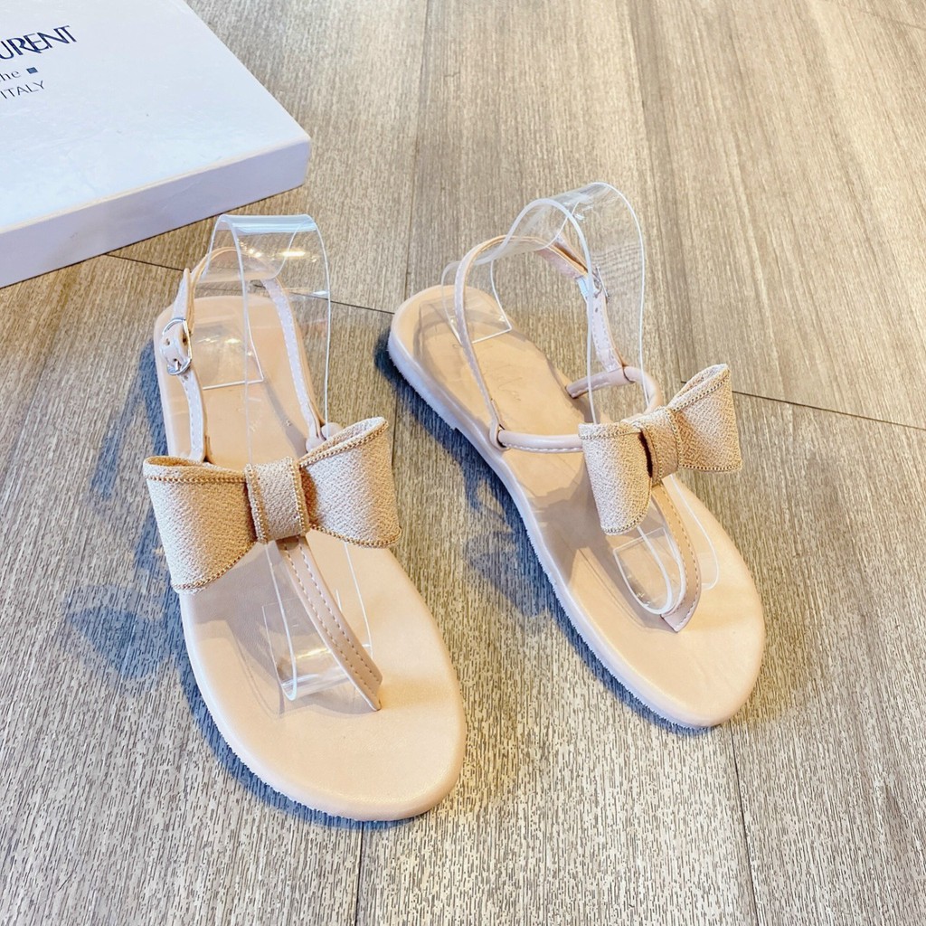 Sandal bệt đế bằng quai T xỏ ngón nơ vải Siêu xinh