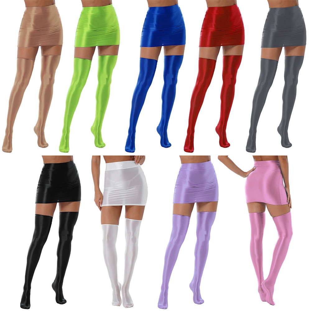 Bộ đồ lót chân váy lưng cao bóng loáng của phụ nữ Part Club Mini Skirt + Stockings