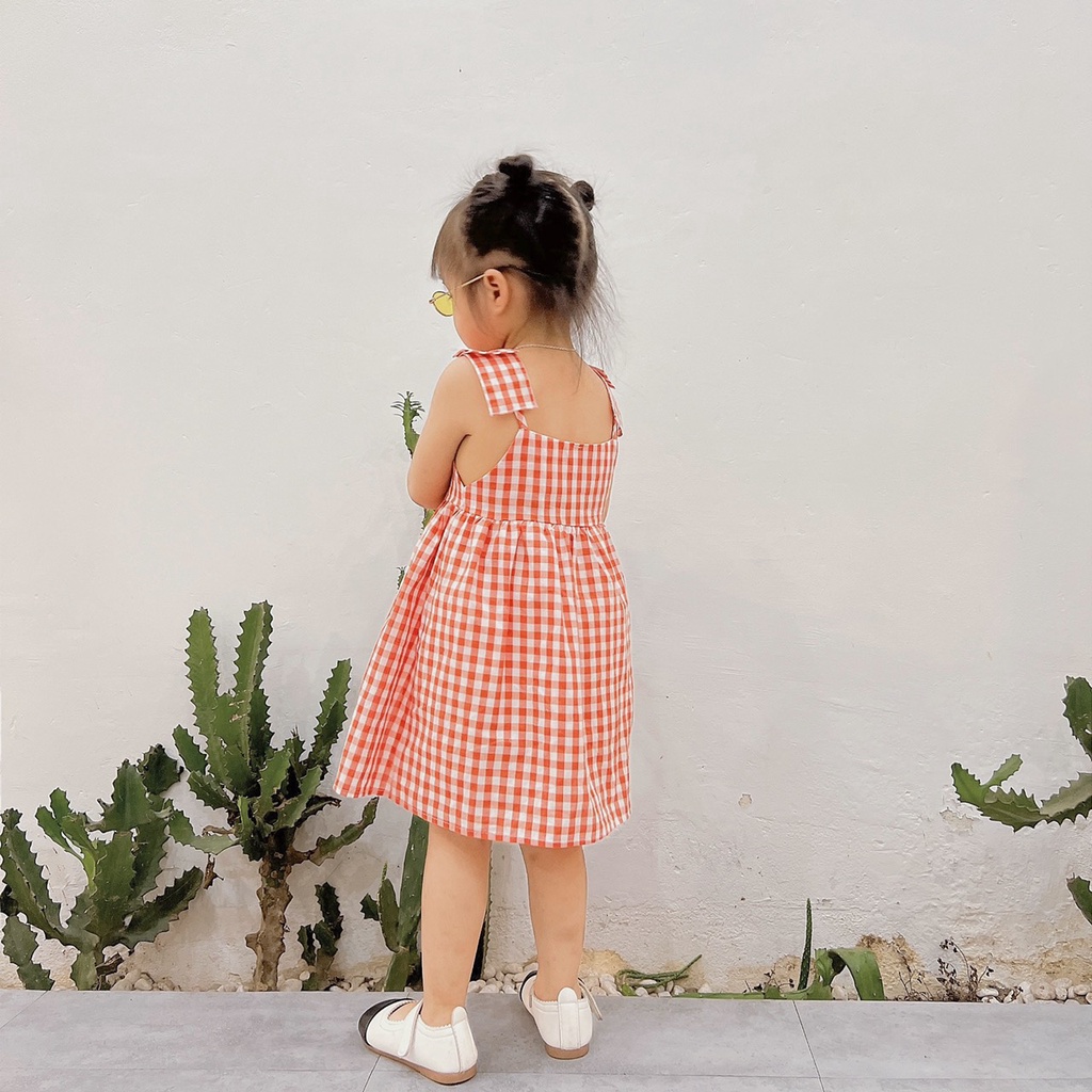 VAY55 - Váy bé gái, Váy xòe 2 dây, chất đũi thô, váy kẻ màu cam cho bé từ 10-20kg