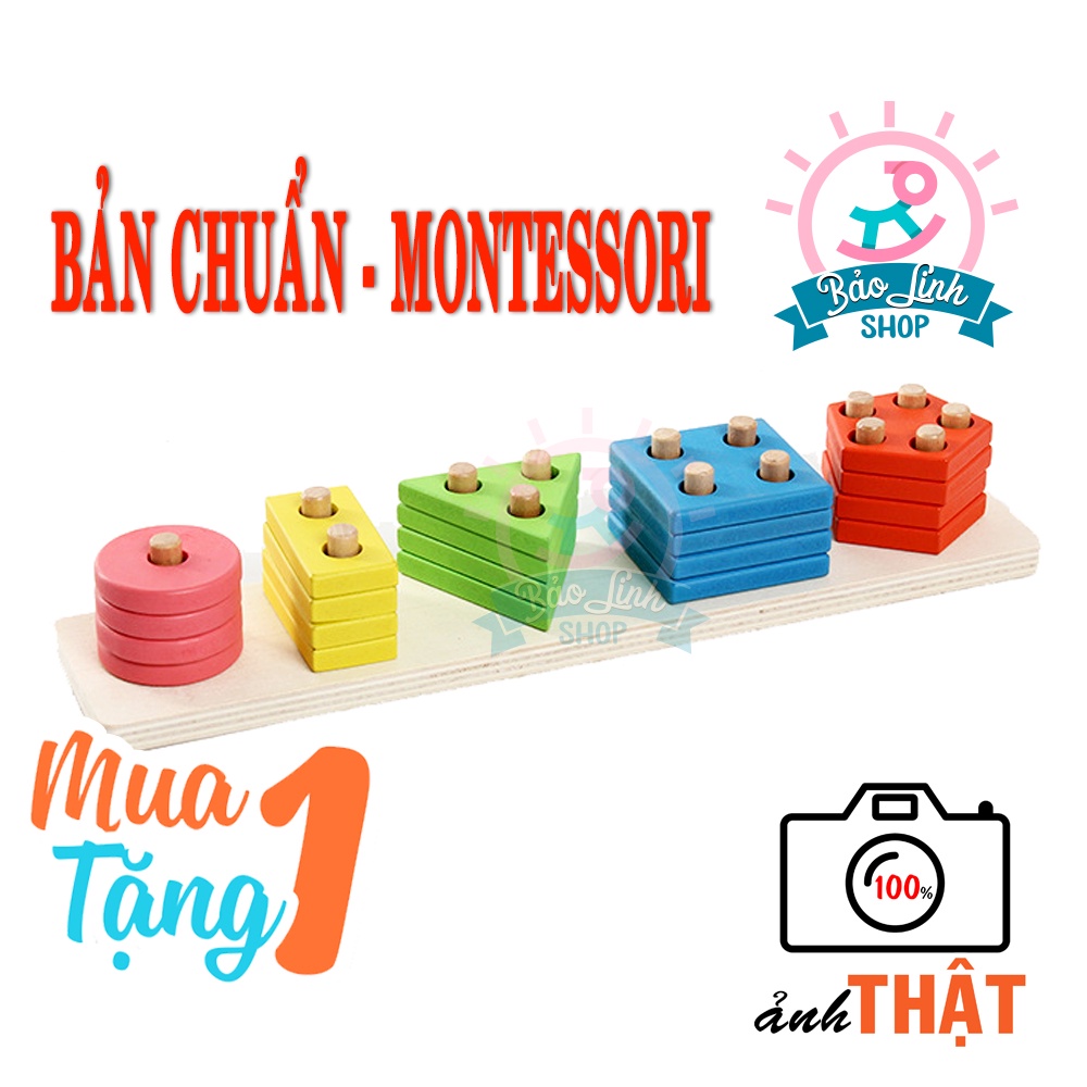 Giáo cụ Montessori 0-3 - Thả hình khối luồn cọc BẢN CHUẨN| Đồ chơi gỗ an toàn cho bé