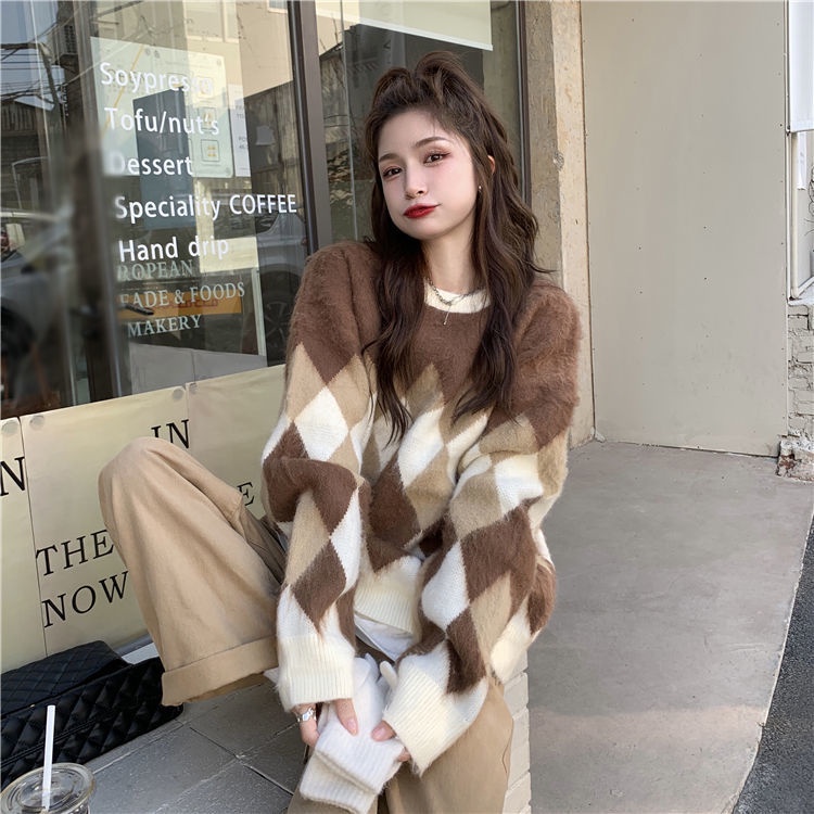 Áo Sweater Dệt Kim Tay Dài Kẻ Sọc Màu Sắc Tương Phản Kiểu Retro Hàn Quốc