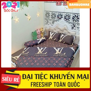 Bộ chăn ga gối poly 5 món,gồm 1 chăn hè 1 ga 2 vỏ gối nằm 1 vỏ gối ôm,chát chọn mẫu,mẫu LV nâu