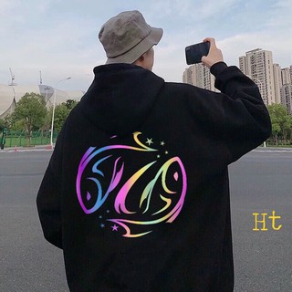 áo hoodie nỉ phản quang 7 màu in cung Song ngư đôi cá chép 2 mặt trước sau, áo hodie phản quang 7 màu