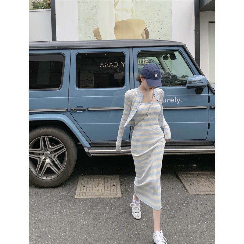 đầm ôm hai mảnh dệt kim họa tiết kẻ sọc mẫu mới chất lượng cao cho nữ