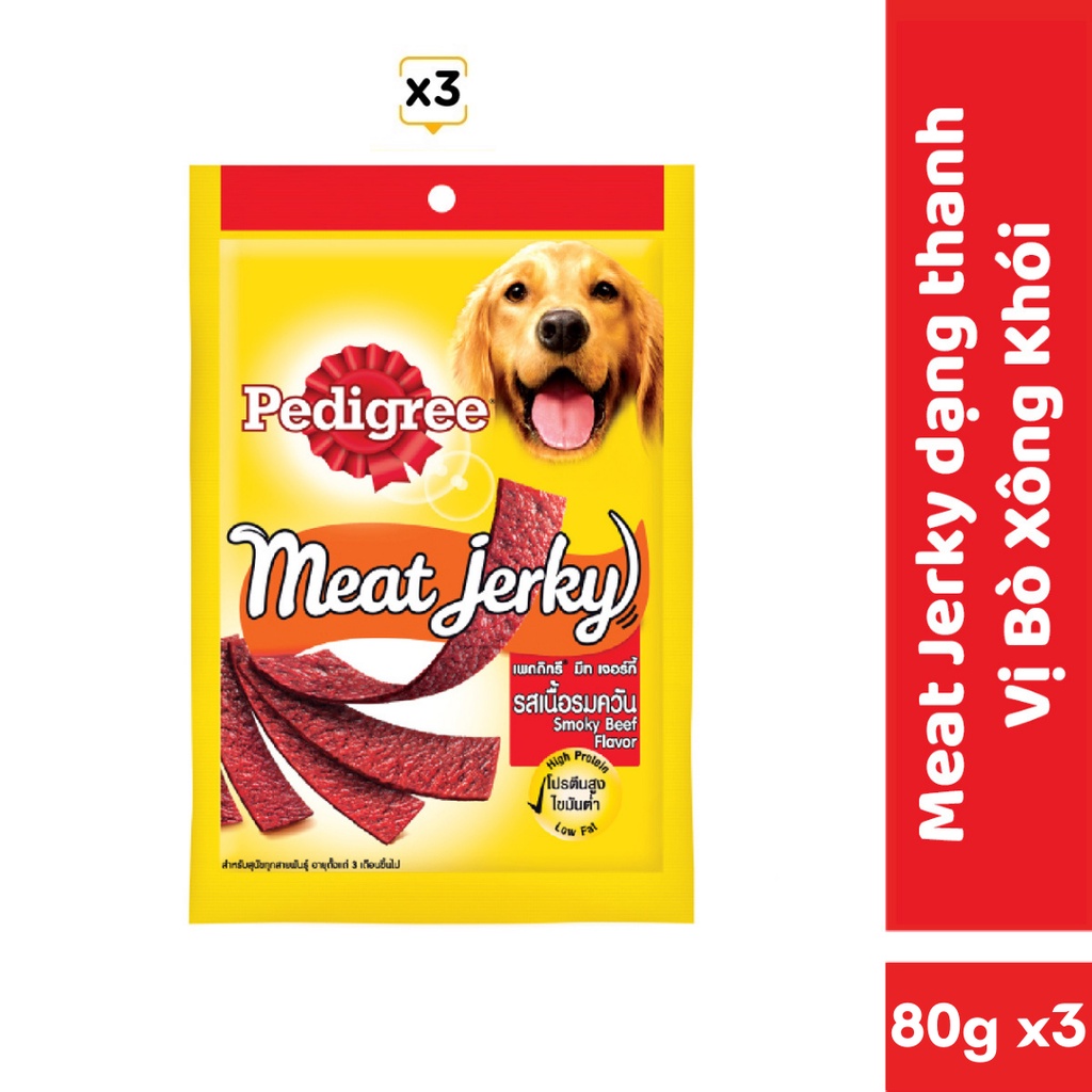 PEDIGREE Meat Jerky – Đồ ăn vặt cho chó vị bò xông khói dạng lát (80g, 3 gói)