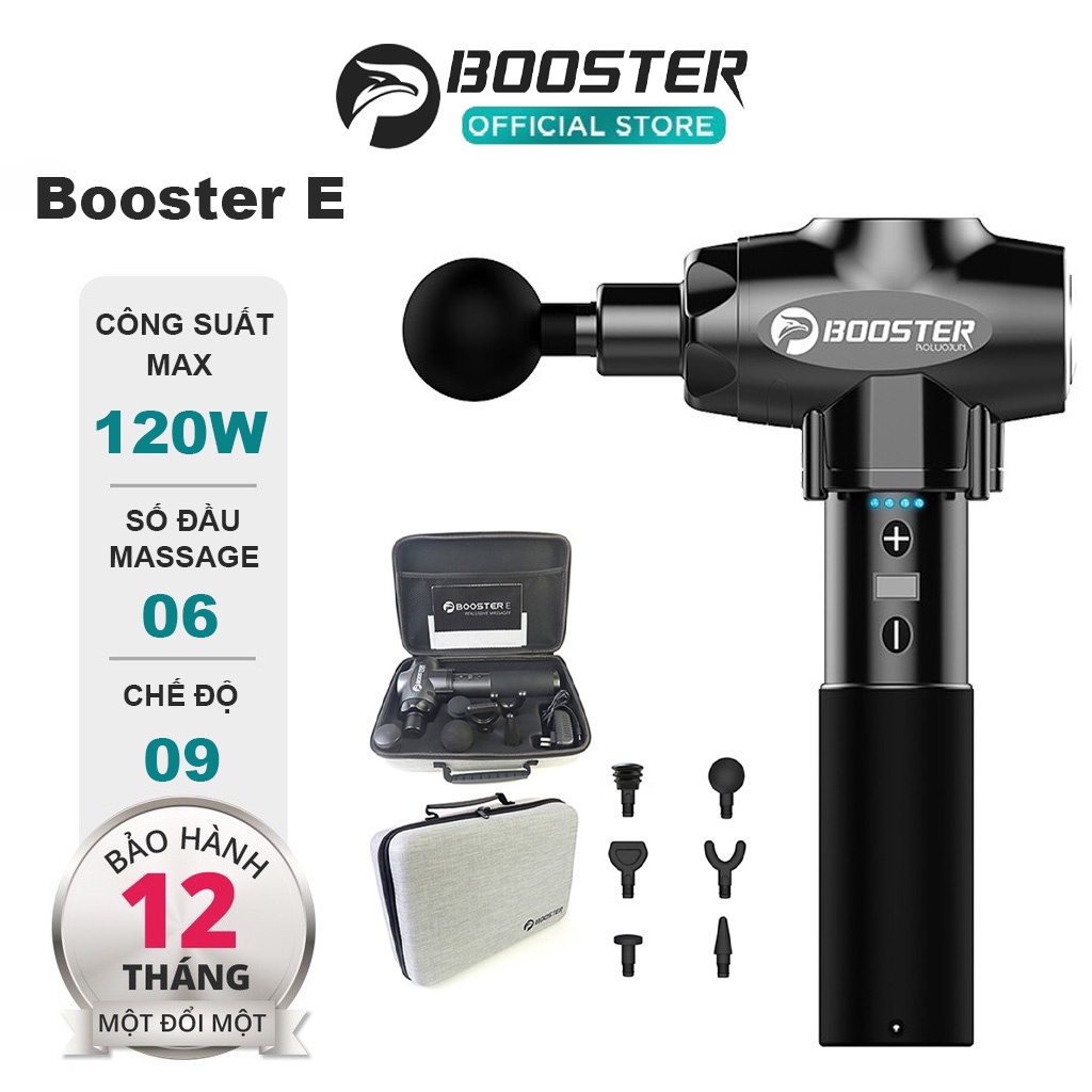 Máy massage cầm tay BOOSTER E, Súng massage gun thư giãn cơ bắp trị liệu đau nhức mỏi -120W, 6 Đầu, 9 Tốc Độ Sạc Pin