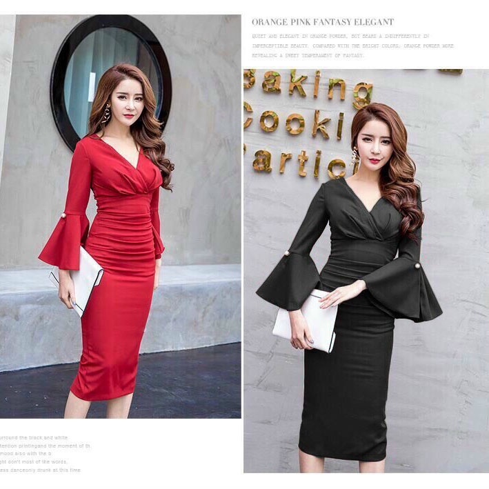 Đầm Body Dự Tiệc Tay Loe Cổ Chữ V