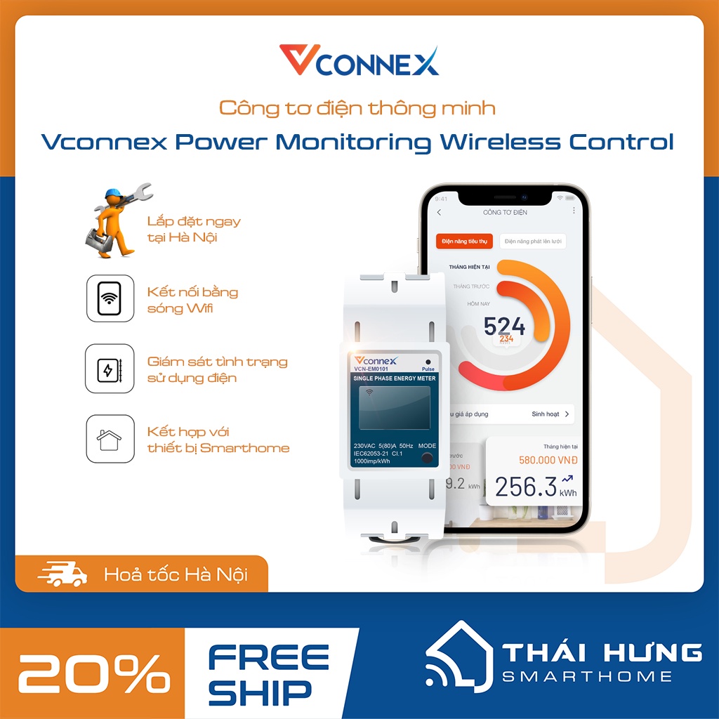 [Hỏa tốc + Lắp đặt HN] Công tơ điện tử Wifi thông minh Vconnex, kết nối app,có chứng chỉ đo lường, bảo hành 2 năm.