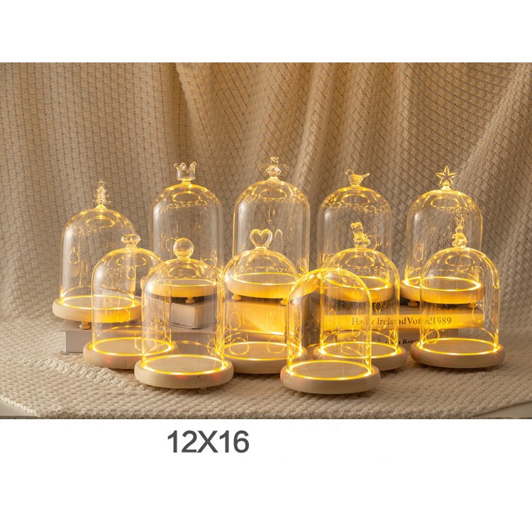 Chụp thủy tinh đế gỗ chống bụi, trang trí trái tim, chim, thỏ, noel - đậy nến thơm Candle Cup, BBW