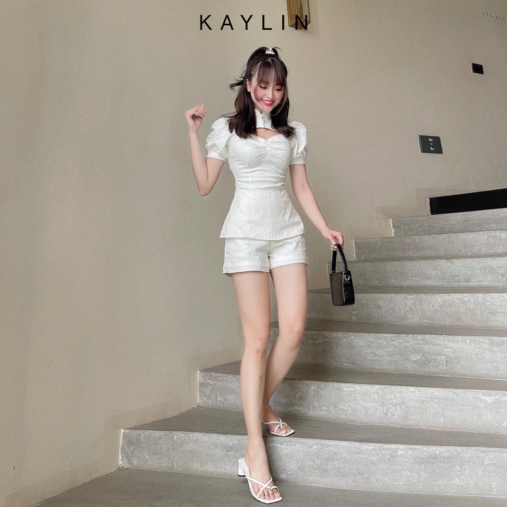 Set áo quần nữ vải gấm kiểu khoét ngực phong cách KAYLIN - N1507