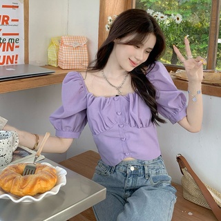 Áo Sơ Mi Tay Ngắn Phồng Cổ Vuông Màu Tím Phong Cách Hàn Quốc Thời Trang Cho Nữ