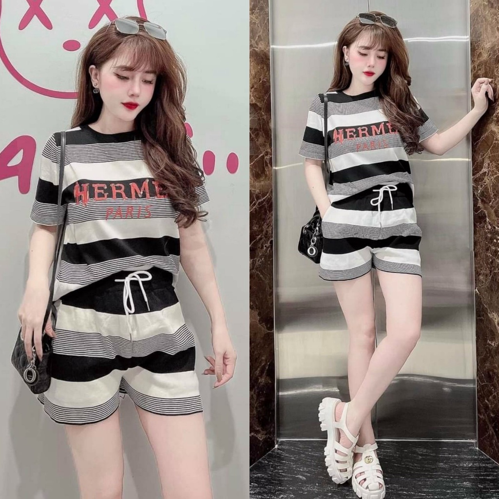 Set Bộ Thời Trang Form Rộng Họa Tiết Phối Họa Tiết Sọc