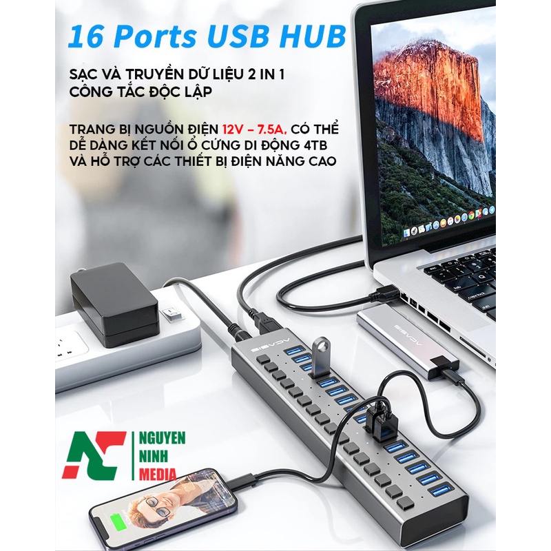 Bộ Chia USB 3.0 16 Cổng ACASIS HS-716MG - Nguồn 12V 7.5A - HUB USB 16 Port 90W - Hàng Chính Hãng