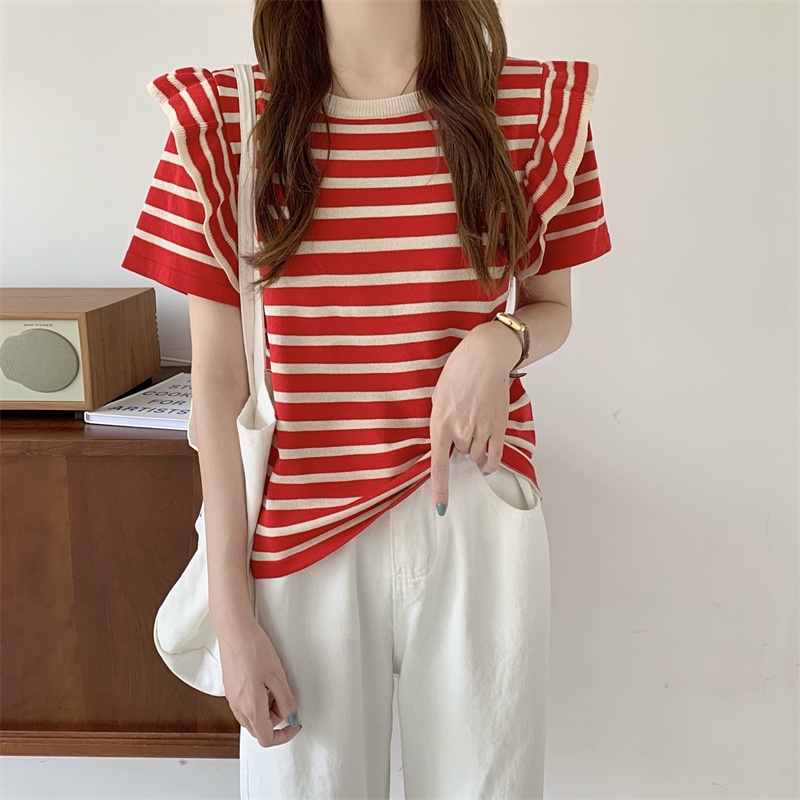 【Hana and Alice】Áo Thun Dệt Kim Tay Ngắn Cổ Tròn Họa Tiết Kẻ Sọc Thời Trang Cho Nữ