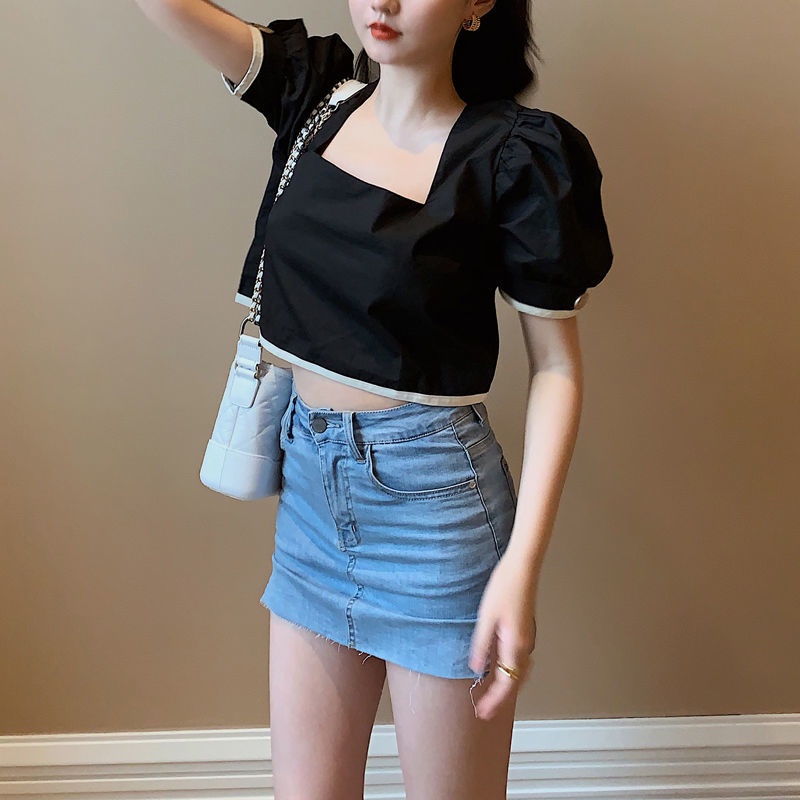 COZOK Chân váy denim lưng cao xẻ tà quyến rũ