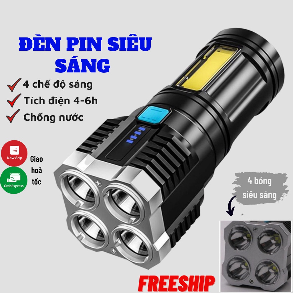 Đèn Pin Siêu Sáng Cầm Tay Chiếu Xa 4 Chế Độ Sáng Tiện Dụng, Có COB Đèn LED, Đèn Pin Mini 4 Bóng