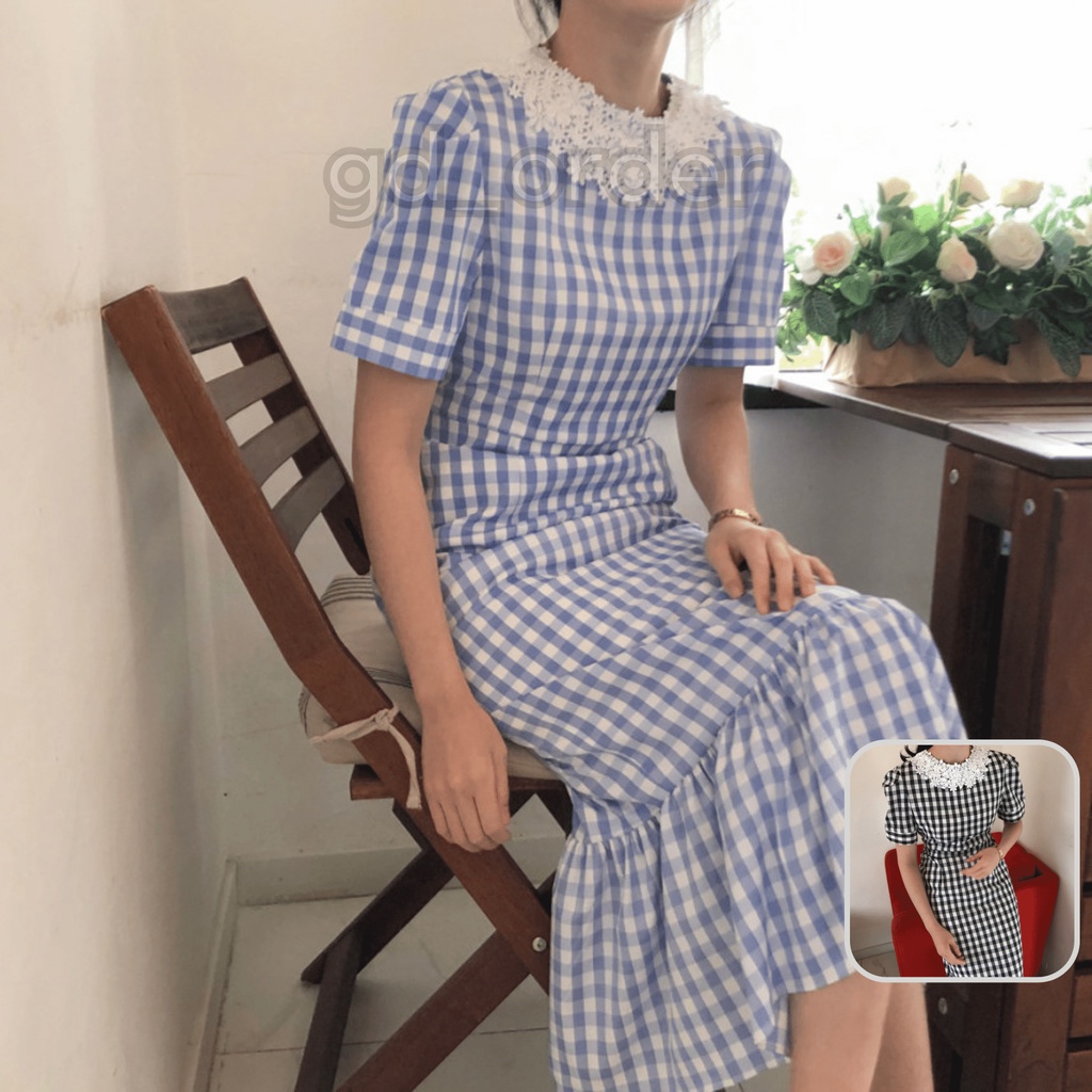 D36|Đầm công sở đuôi cá đẹp thanh lịch sọc caro phối ren móc gd_order