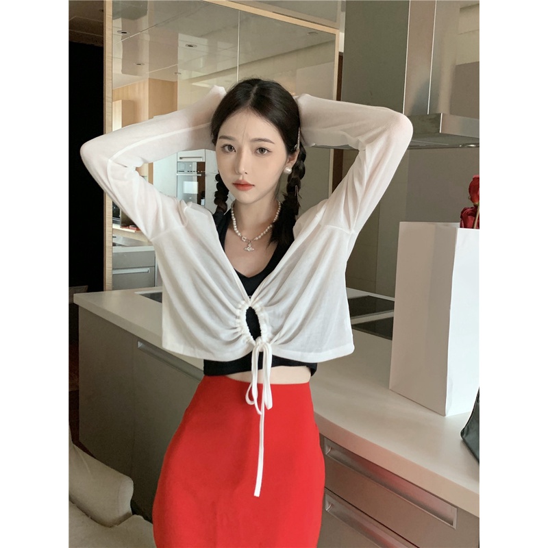 LALISAS Áo Dệt Kim Mỏng Phối Dây Rút Phong Cách Thời Trang Hàn Quốc