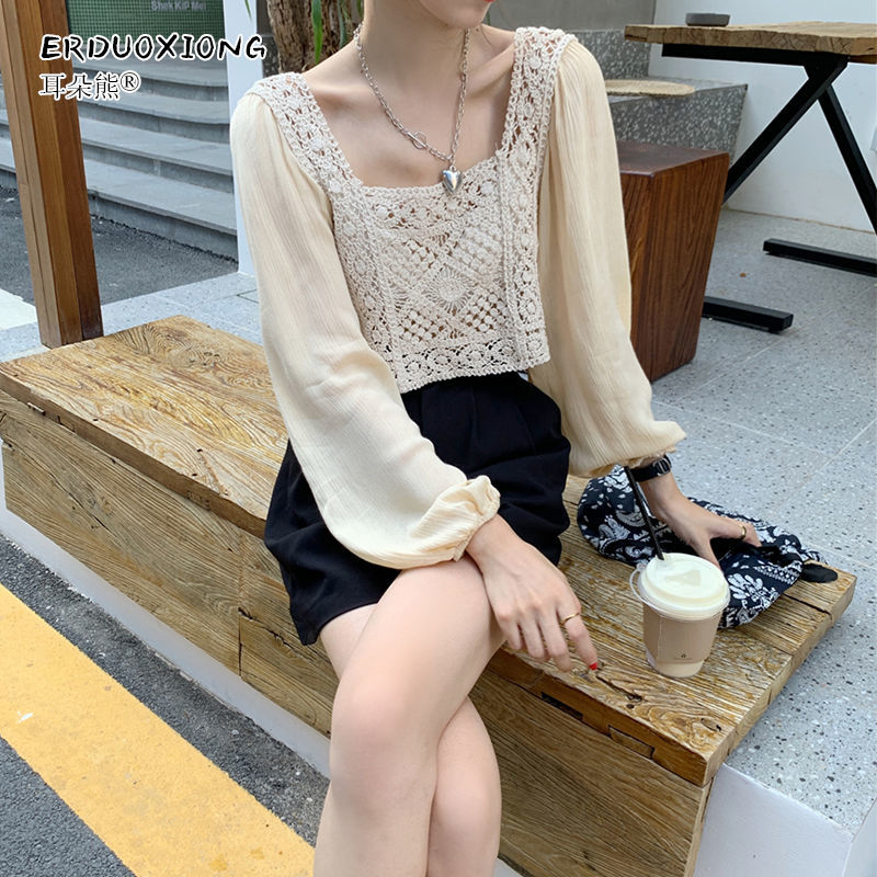 Áo kiểu mặc ngoài hai dây dệt kim dáng rộng phối ren thời trang dành cho nữ