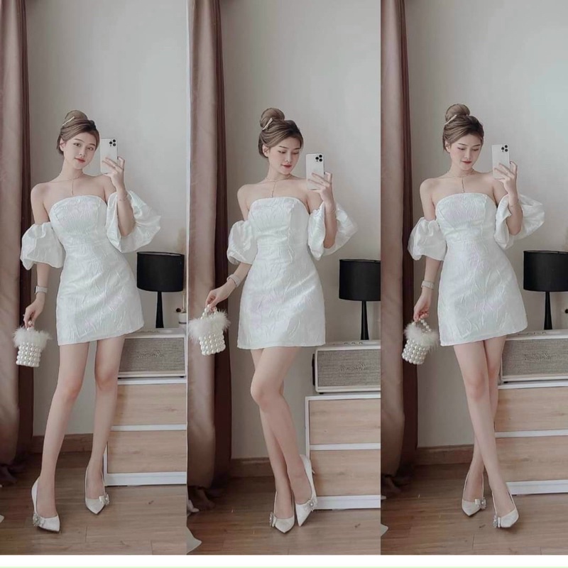 Đầm thời trang nữ mặc đi tiệc chất xốp gân cúp ngực có mút tay phồng màu trắng