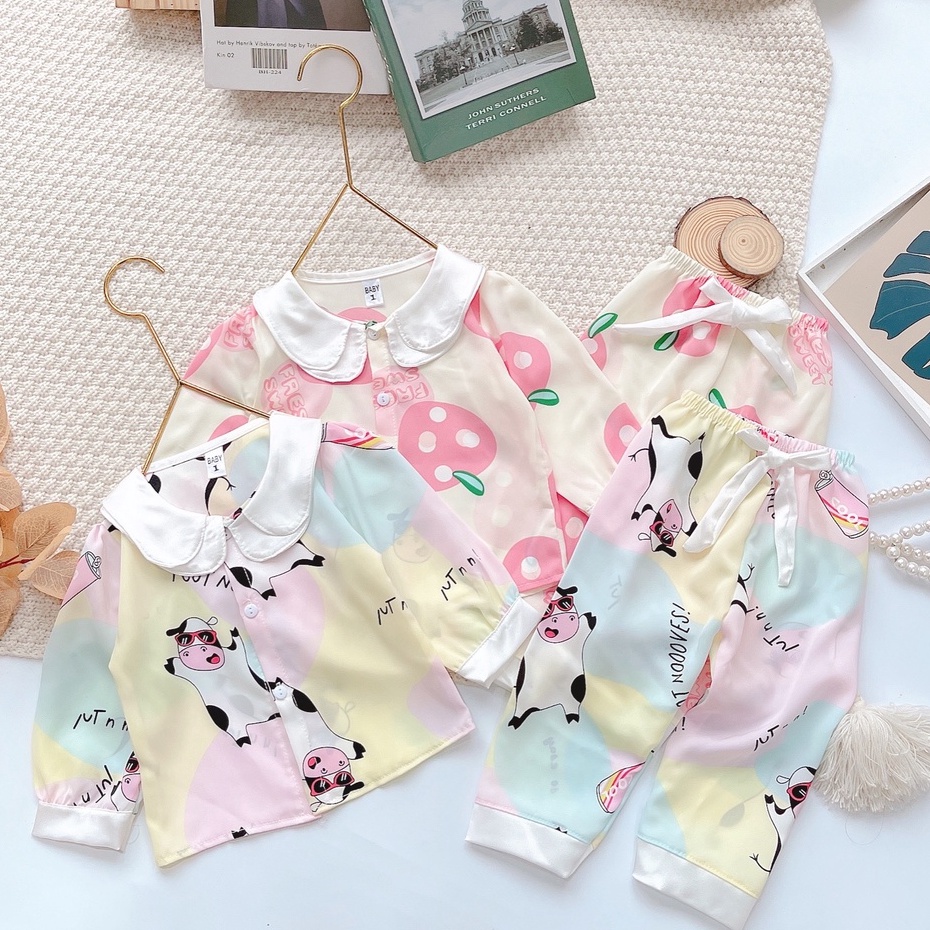 [ 6-17kg ] Bộ Đồ Ngủ Pijama Bé Gái - Set Quần Áo Trẻ Em Mặc Nhà Lụa Cao Cấp Nhiều Màu Dài Tay Họa Tiết Dễ Thương