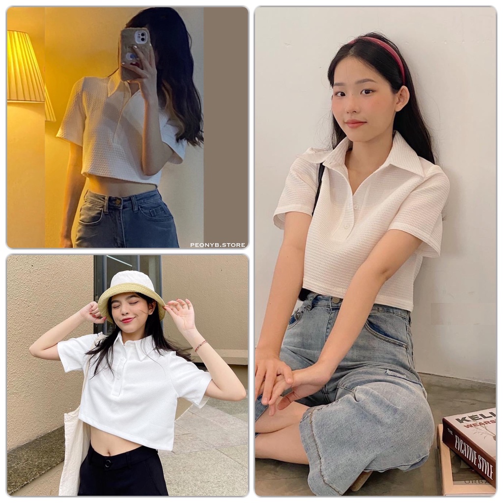 Áo Croptop Tổ Ong Cổ Bẻ- Thun kiểu polo dáng ôm body ngắn tay màu trắng hàn quốc cá tính Ulzzang