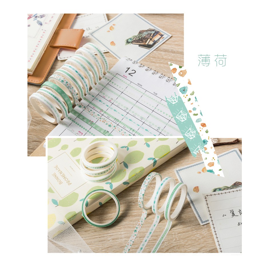 Lalunavn Set 10 cuộn băng dính washi nhiều màu sắc dùng trang trí scrapbook/album độc đáo - A03